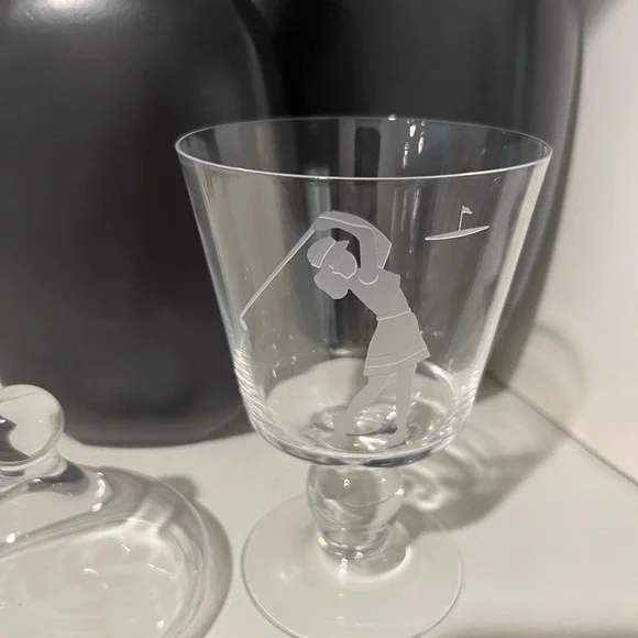 Vintage Woman Playing Golf Etched Art Glass Lidded Apothecary Candy Dish Rare - Picture 7 of 8